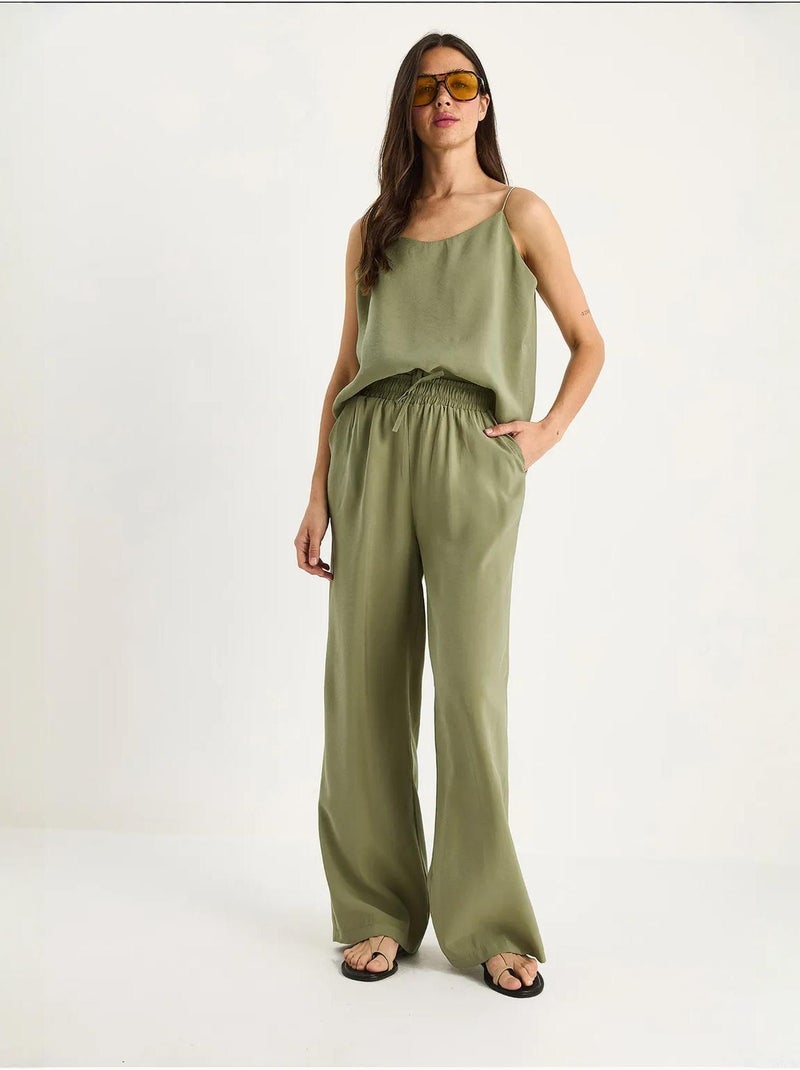 Conjunto coordenado com camisola sem mangas e calças de perna larga lucci Cáqui - Kiabi