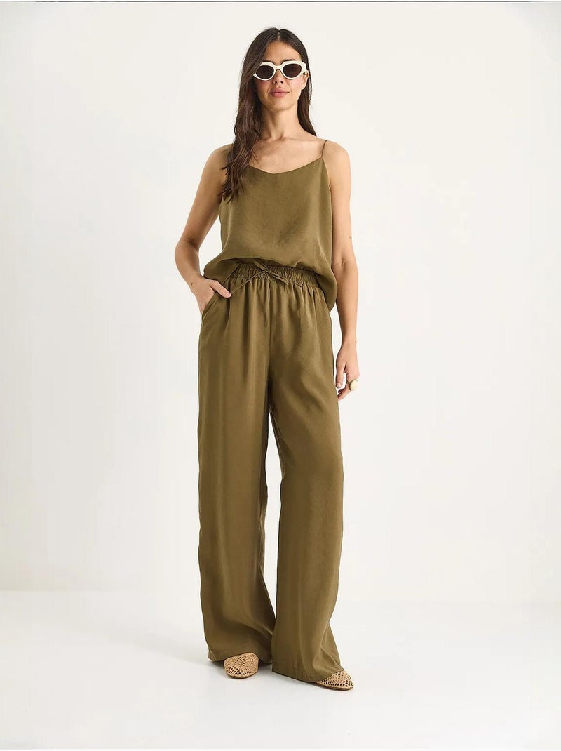 Conjunto coordenado com camisola sem mangas e calças de perna larga lucci Verde cáqui - Kiabi