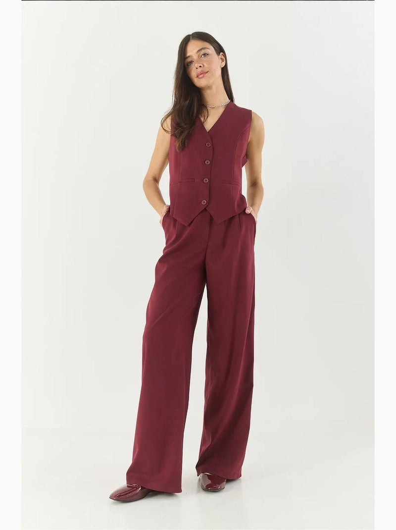 Conjunto coordenado com colete sem mangas de decote em v e calças de perna larga lucci Vermelho bordô - Kiabi