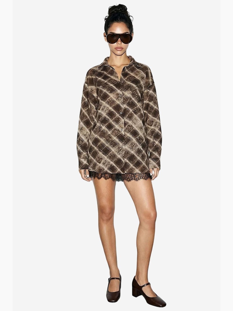 Conjunto coordenado de camisa oversized aos quadrados e saia lucci Castanho-chocolate - Kiabi