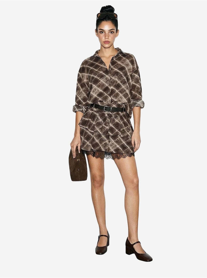 Conjunto coordenado de camisa oversized aos quadrados e saia lucci Castanho-chocolate - Kiabi