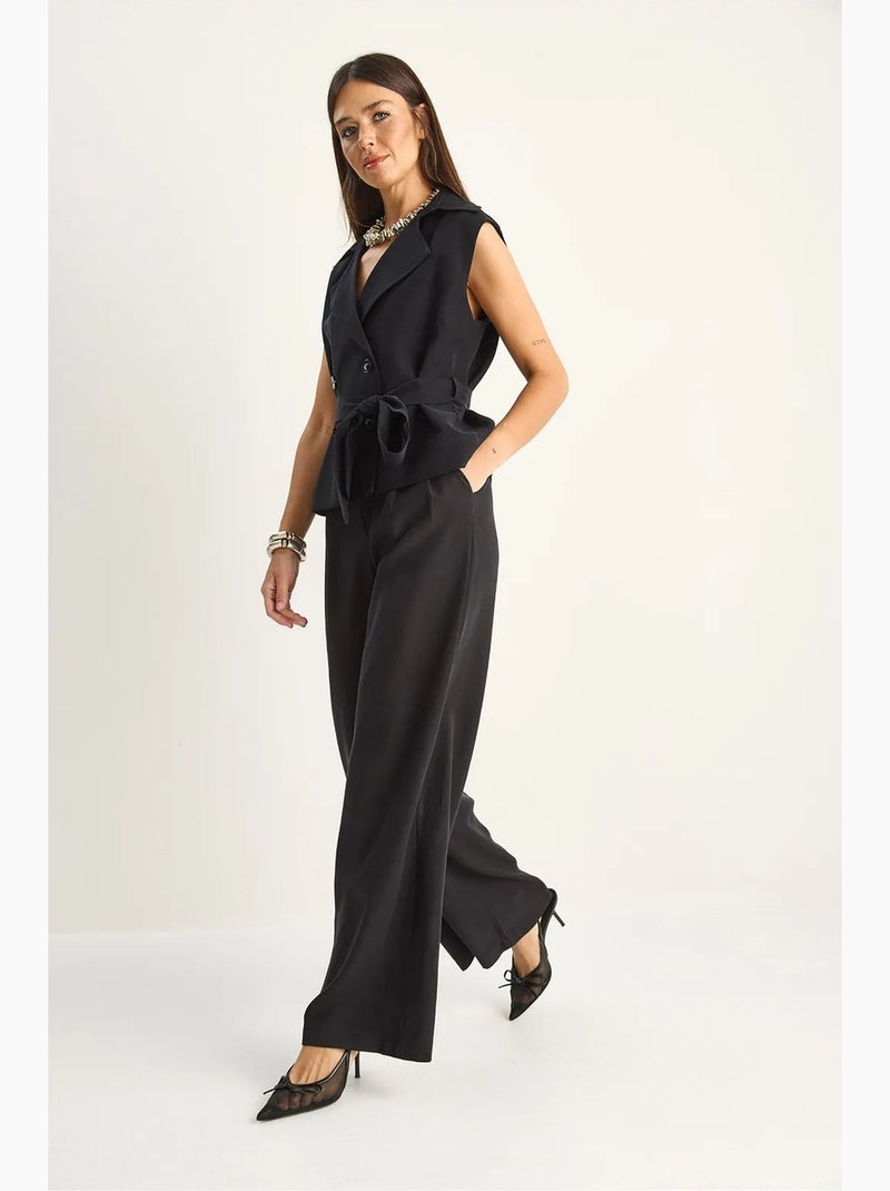 Conjunto coordenado de cintura alta com perna larga e gola xaile lucci Preto - Kiabi