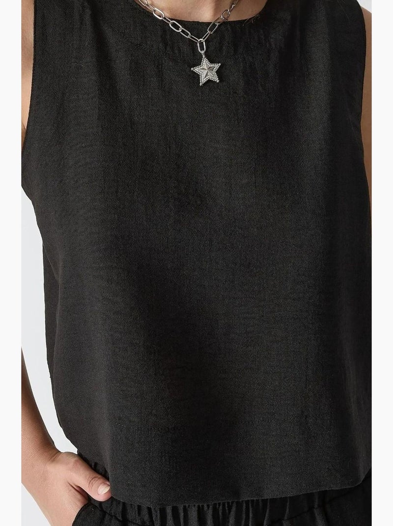 Conjunto coordenado de duas peças com blusa com toque de linho e calças de cintura elástica hiccup Preto - Kiabi