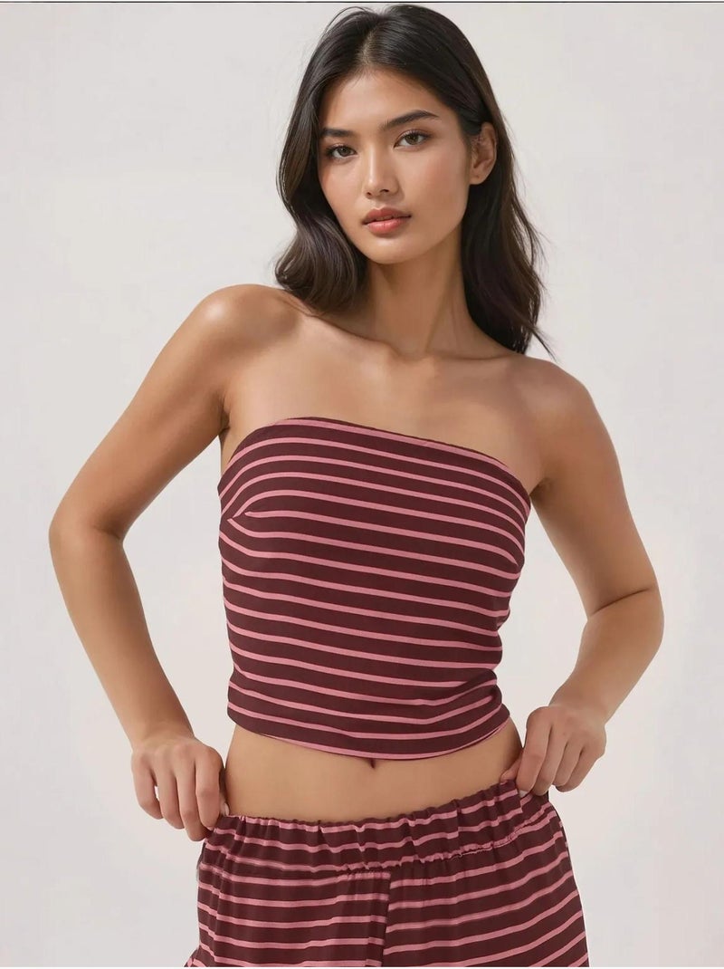 Conjunto coordenado de duas peças com top às riscas sem alças e calças hiccup Vermelho bordô - Kiabi