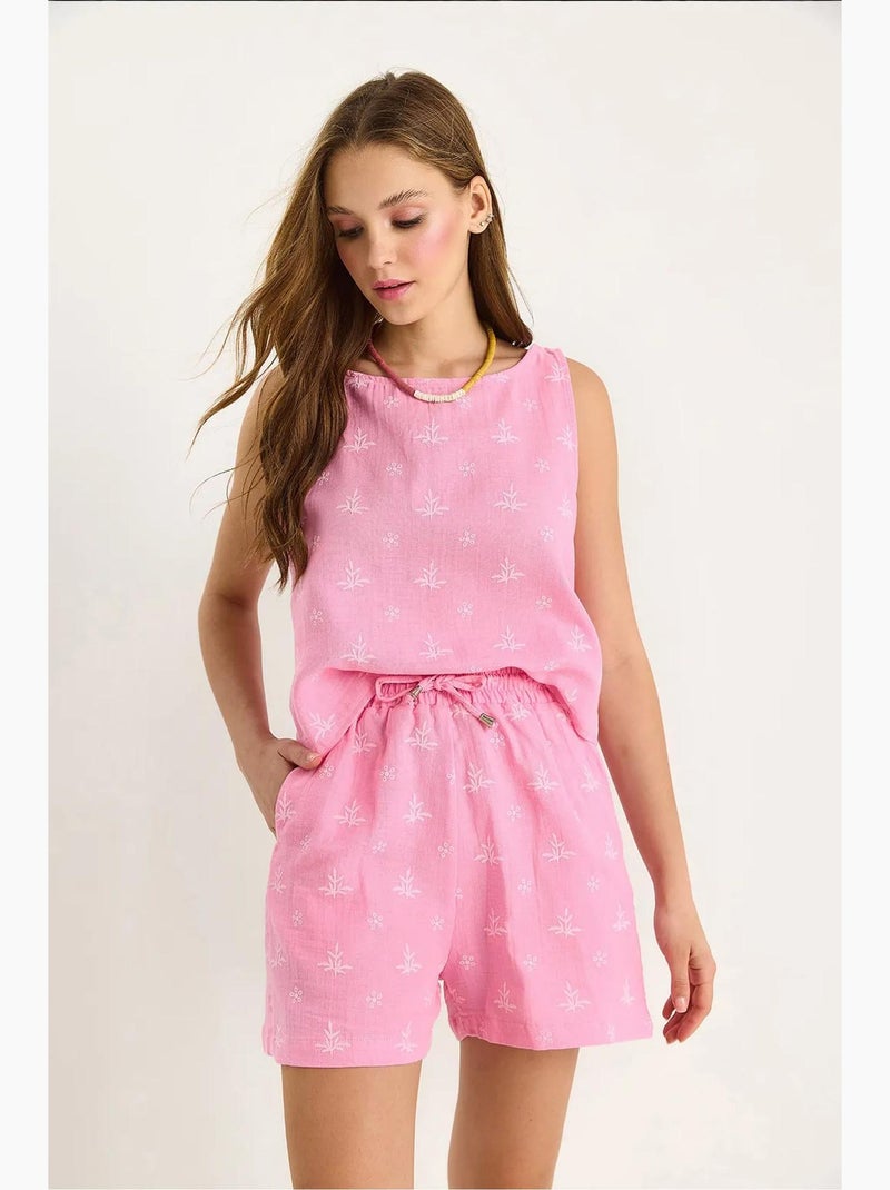 Conjunto coordenado de duas peças curto de cintura subida com fecho de botões lucci Rosa-fluo/Solinotes - Kiabi