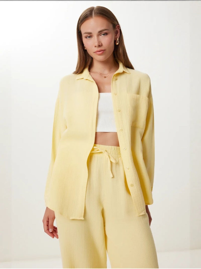 Conjunto coordenado de duas peças de cintura subida com perna larga e gola de camisa istanbul Amarelo-limão - Kiabi