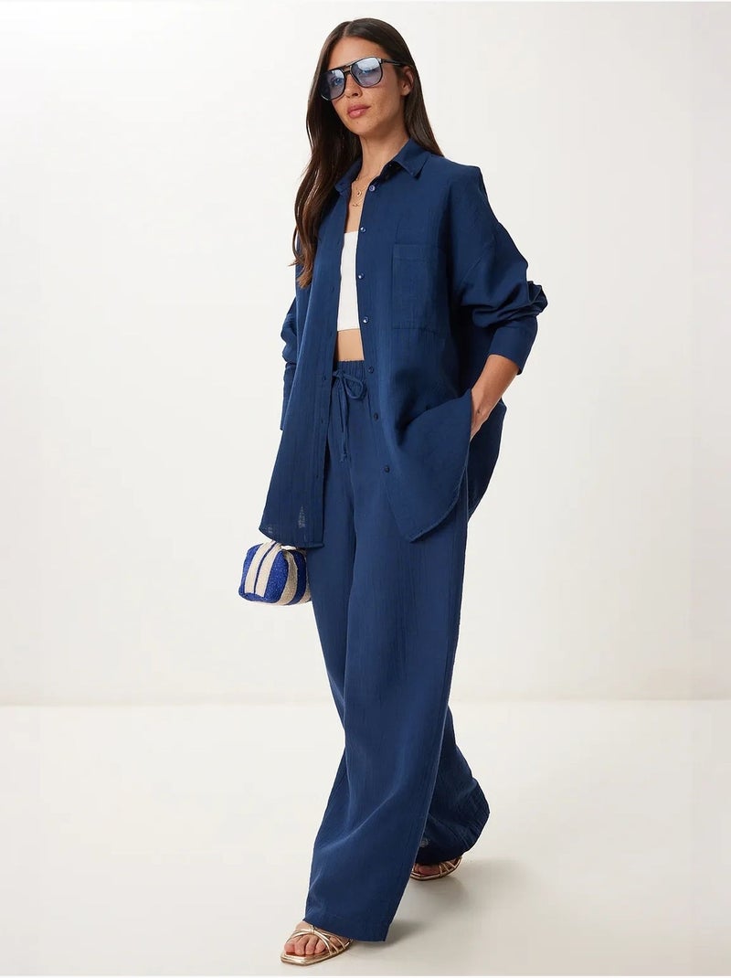 Conjunto coordenado de duas peças de cintura subida com perna larga e gola de camisa istanbul Azul-marinho - Kiabi