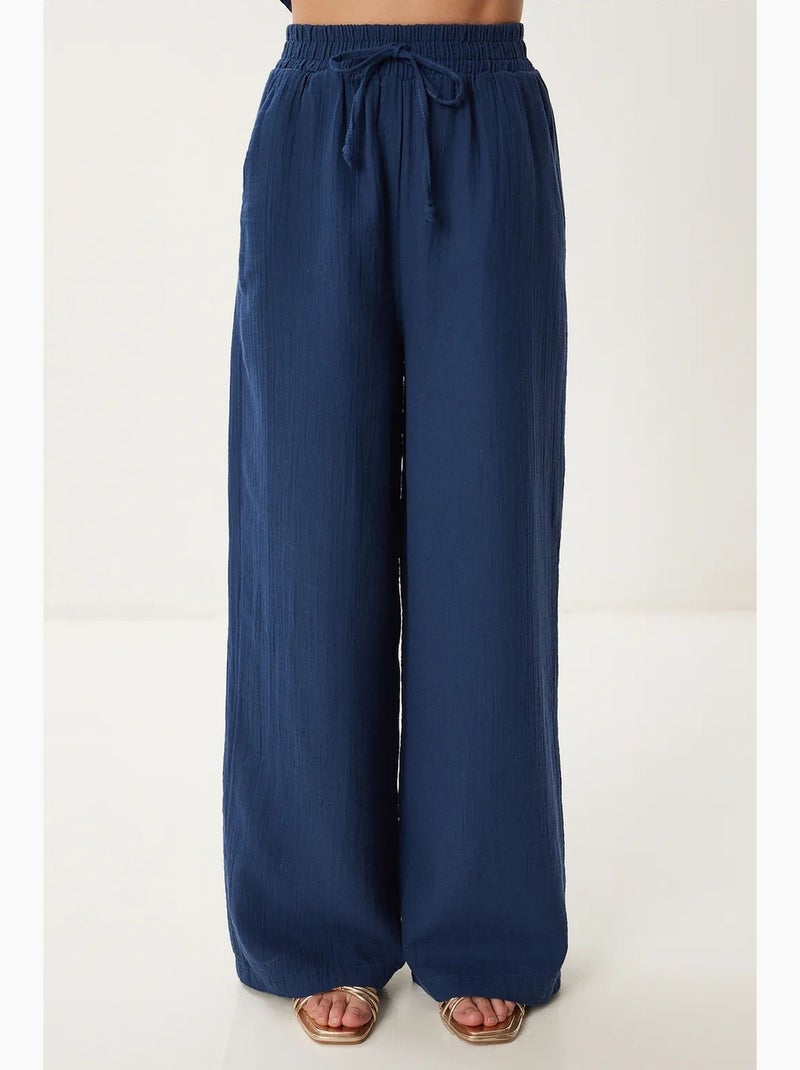 Conjunto coordenado de duas peças de cintura subida com perna larga e gola de camisa istanbul Azul-marinho - Kiabi