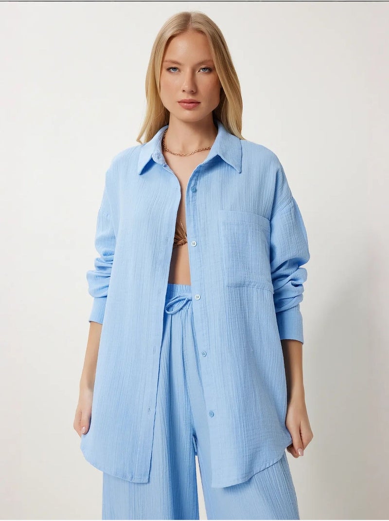 Conjunto coordenado de duas peças de cintura subida com perna larga e gola de camisa istanbul Azul-safira - Kiabi
