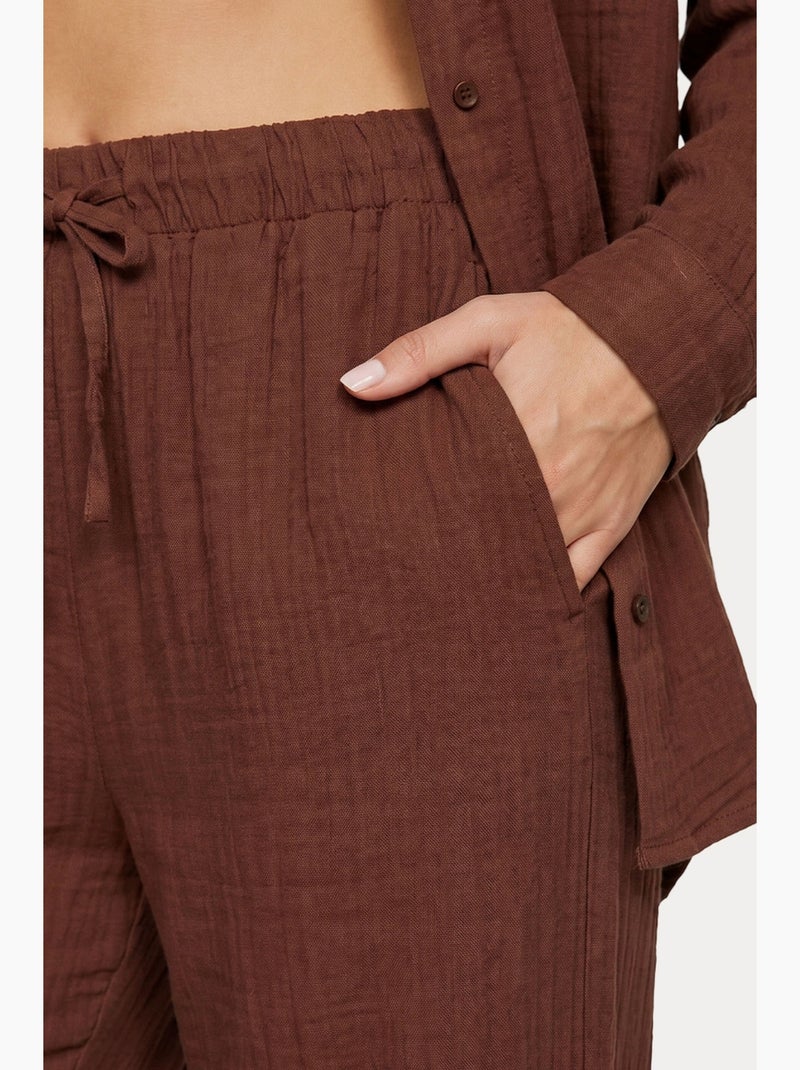Conjunto coordenado de duas peças de cintura subida com perna larga e gola de camisa istanbul Castanho - Kiabi