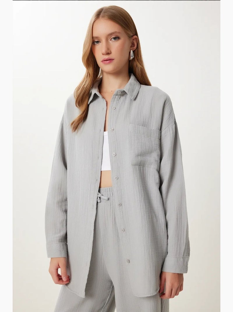 Conjunto coordenado de duas peças de cintura subida com perna larga e gola de camisa istanbul Cinza - Kiabi