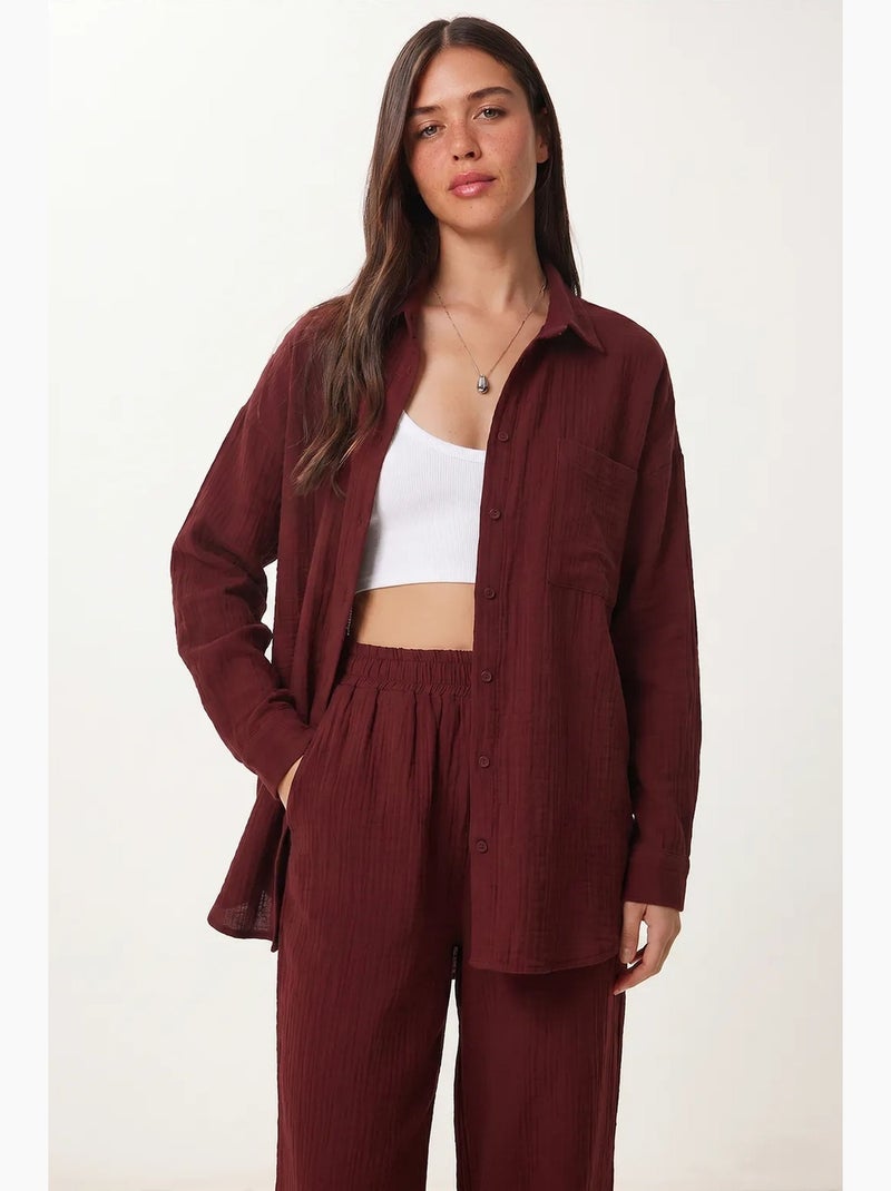Conjunto coordenado de duas peças de cintura subida com perna larga e gola de camisa istanbul Vermelho bordô - Kiabi
