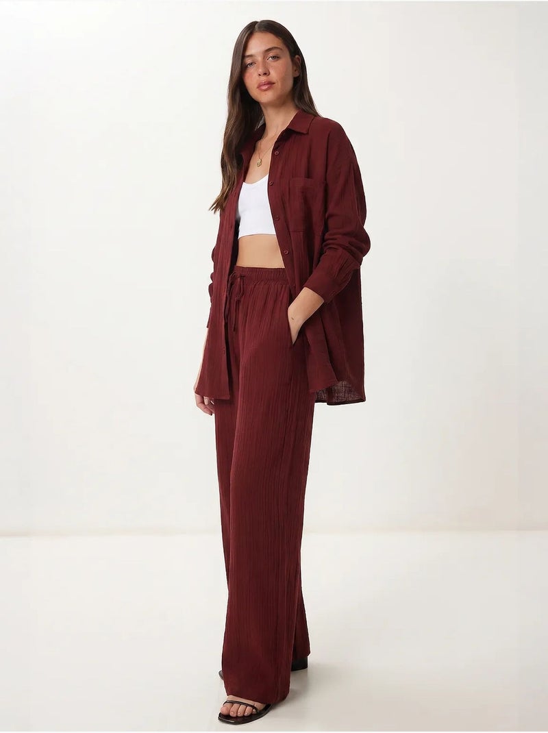 Conjunto coordenado de duas peças de cintura subida com perna larga e gola de camisa istanbul Vermelho bordô - Kiabi
