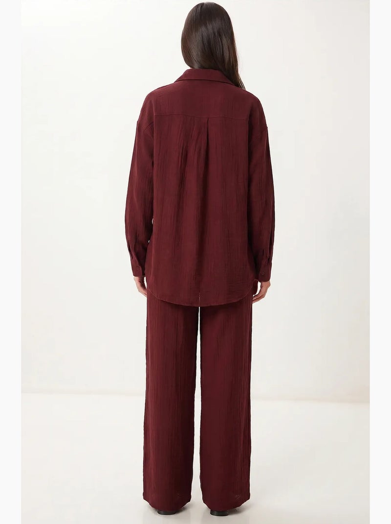 Conjunto coordenado de duas peças de cintura subida com perna larga e gola de camisa istanbul Vermelho bordô - Kiabi
