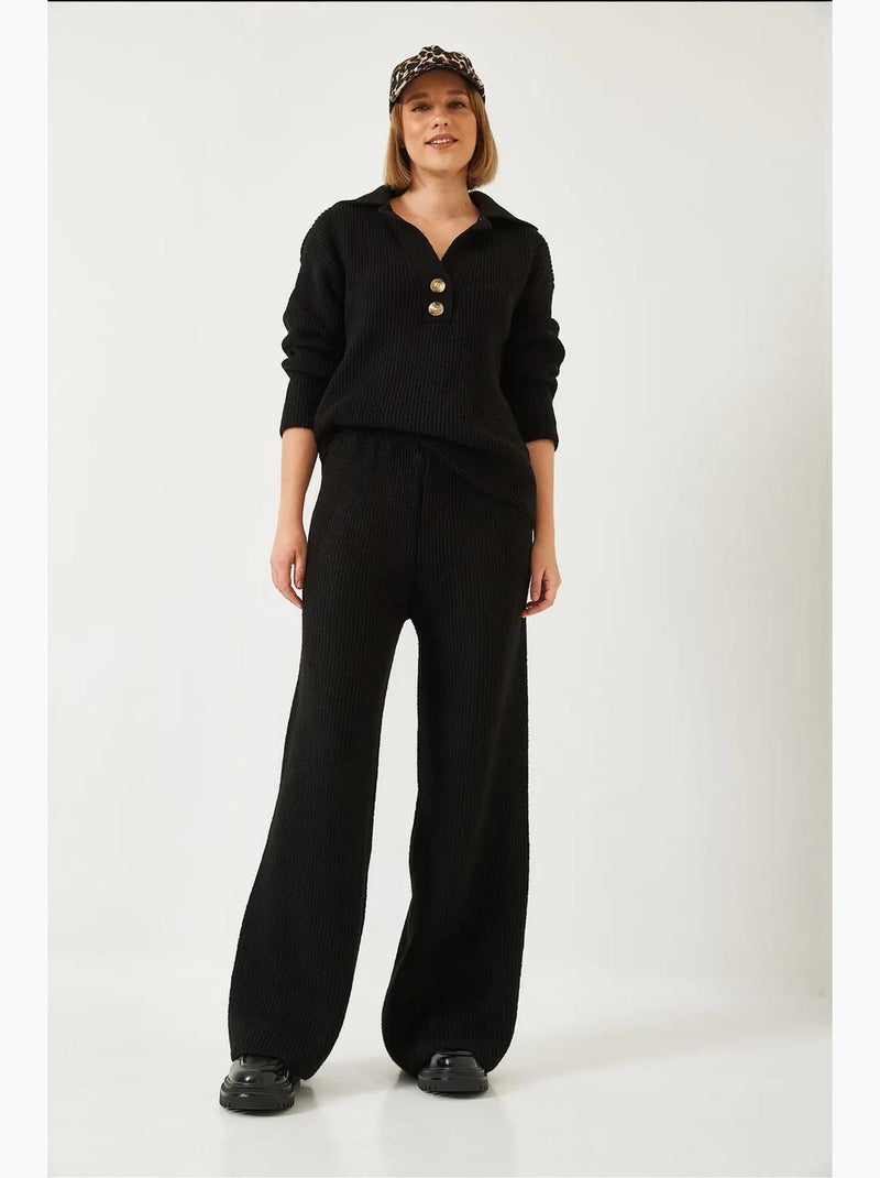 Conjunto coordenado de duas peças de cintura subida com perna larga e gola de camisa lucci Preto - Kiabi