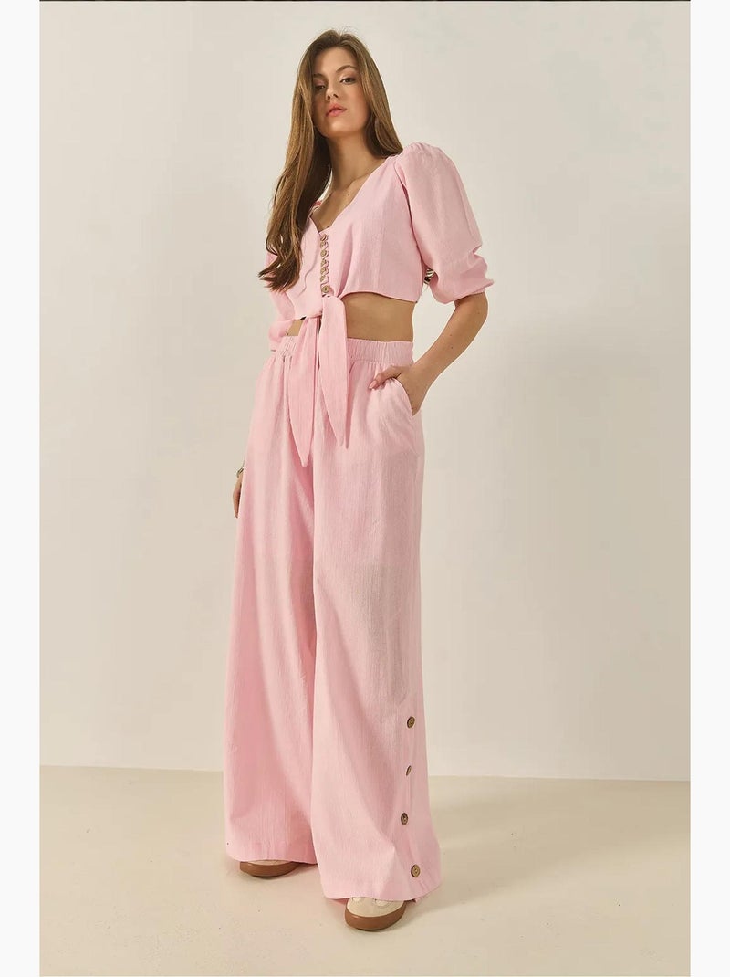 Conjunto coordenado de duas peças texturizado com decote em v e manga comprida lucci Rosa-claro - Kiabi
