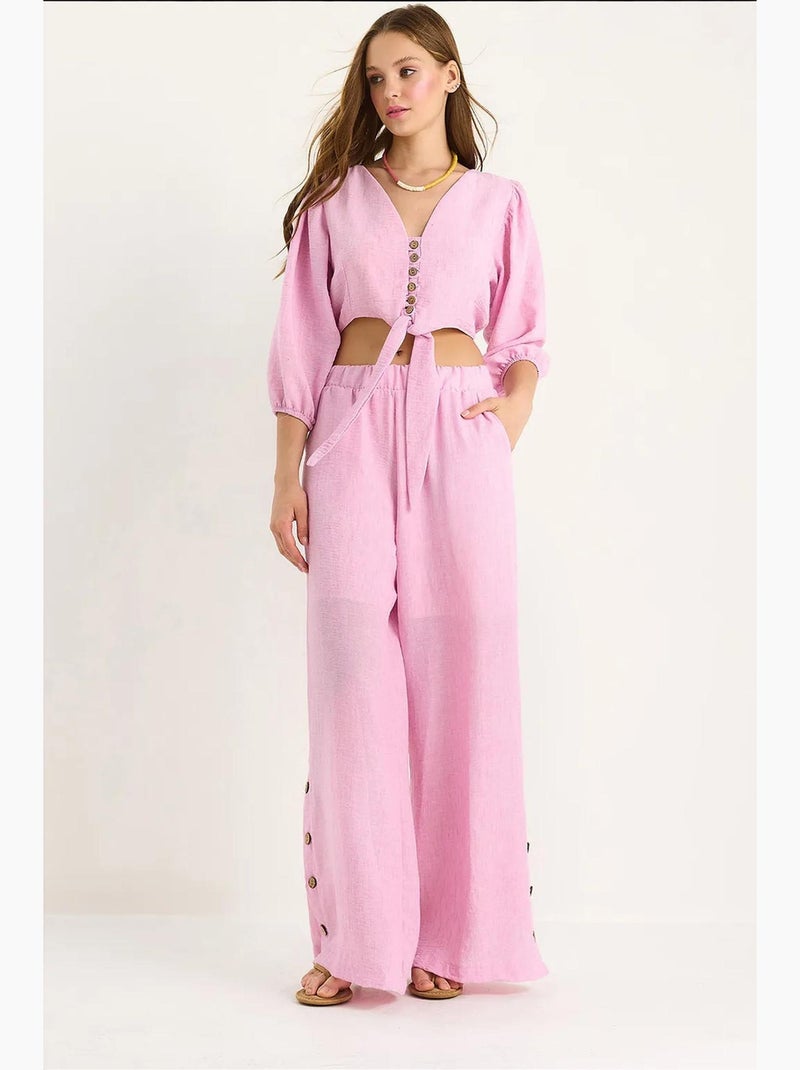 Conjunto coordenado de duas peças texturizado com decote em v e manga comprida lucci Rosa-fluo/Solinotes - Kiabi