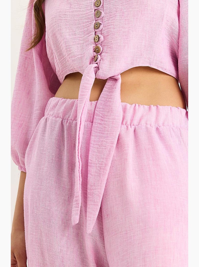 Conjunto coordenado de duas peças texturizado com decote em v e manga comprida lucci Rosa-fluo/Solinotes - Kiabi