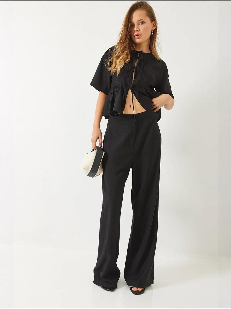 Conjunto coordenado de duas peças texturizado com detalhe de folhos lucci Preto - Kiabi