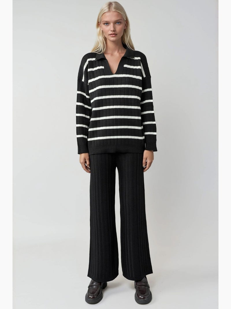 Conjunto coordenado de malha às riscas com gola polo my fashion Preto - Kiabi