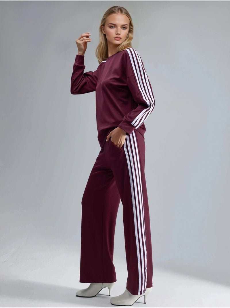 Conjunto coordenado de sweatshirt às riscas com gola redonda e calças de perna reta hiccup Vermelho bordô - Kiabi