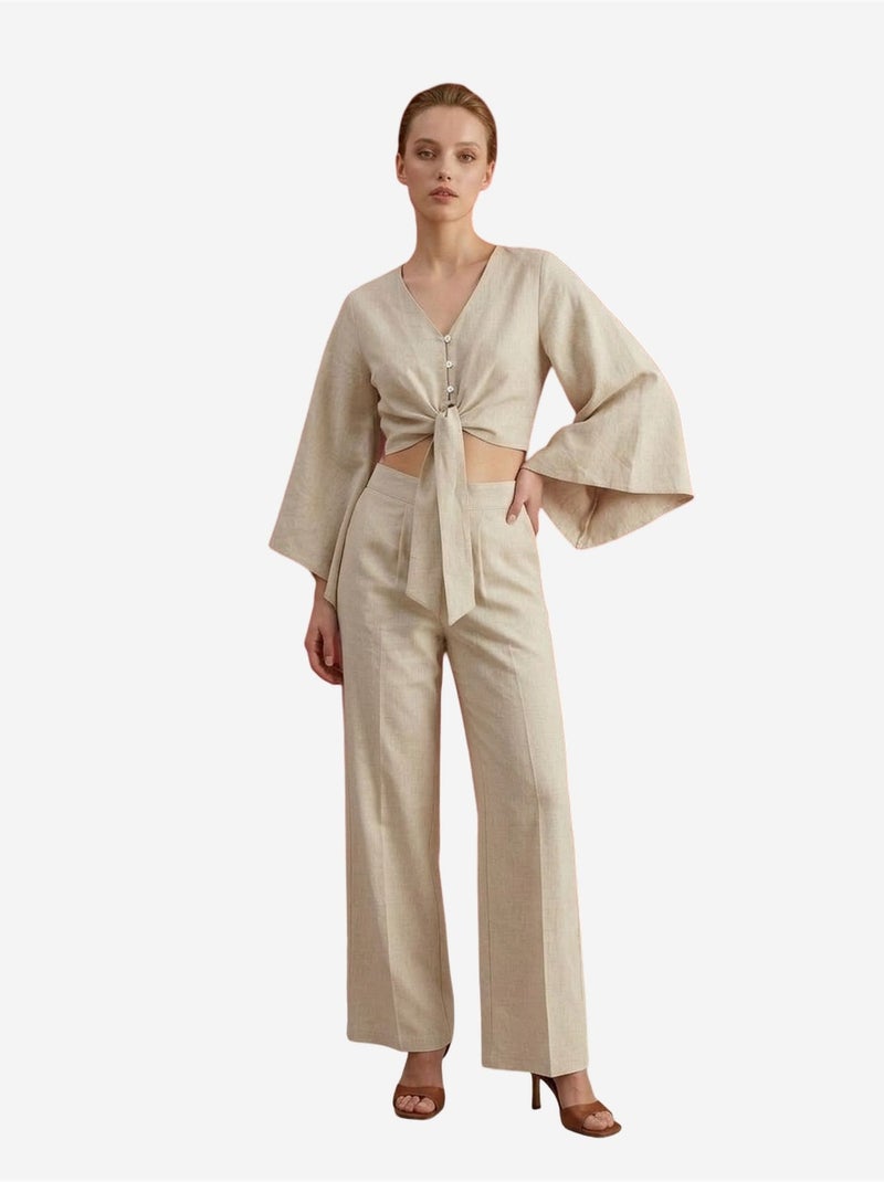Conjunto coordenado em algodão com detalhe atado my fashion Bege-argila - Kiabi