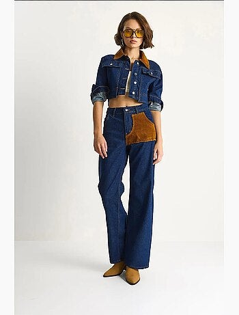Conjunto coordenado em ganga de cintura subida com colarinho de camisa lucci