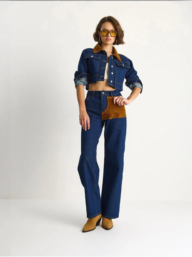 Conjunto coordenado em ganga de cintura subida com colarinho de camisa lucci Azul-marinho - Kiabi