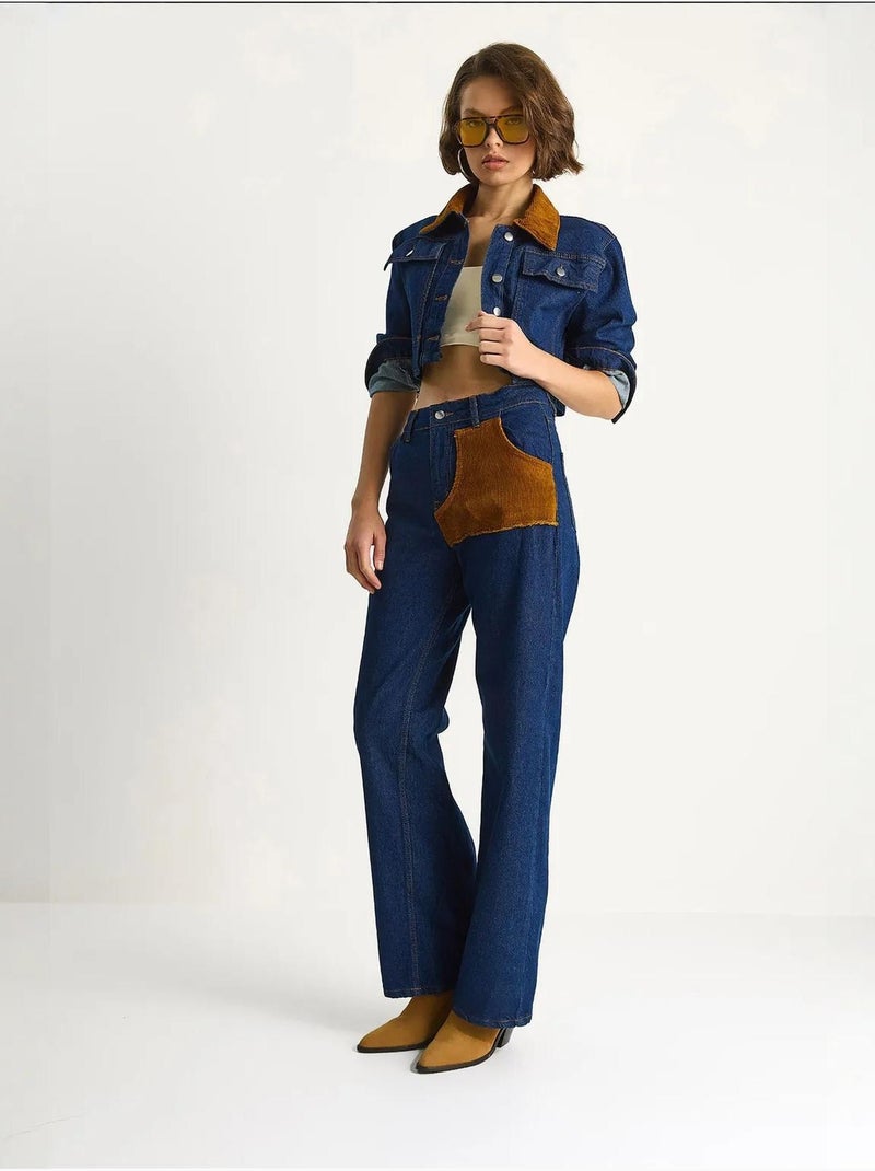 Conjunto coordenado em ganga de cintura subida com colarinho de camisa lucci Azul-marinho - Kiabi