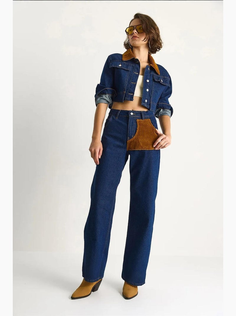 Conjunto coordenado em ganga de cintura subida com colarinho de camisa lucci Azul-marinho - Kiabi