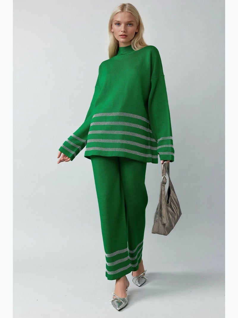 Conjunto coordenado em malha canelada às riscas com detalhe de lantejoulas my fashion Verde - Kiabi