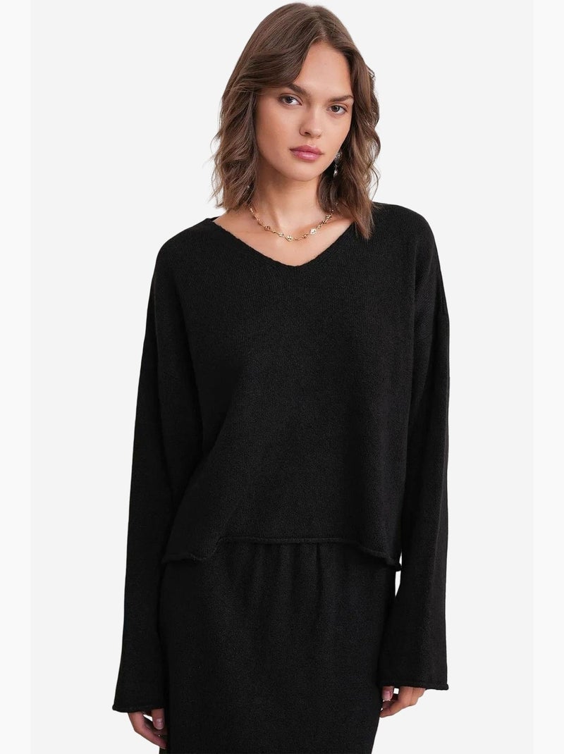 Conjunto coordenado em malha com camisola de decote em v e saia mixray Preto - Kiabi