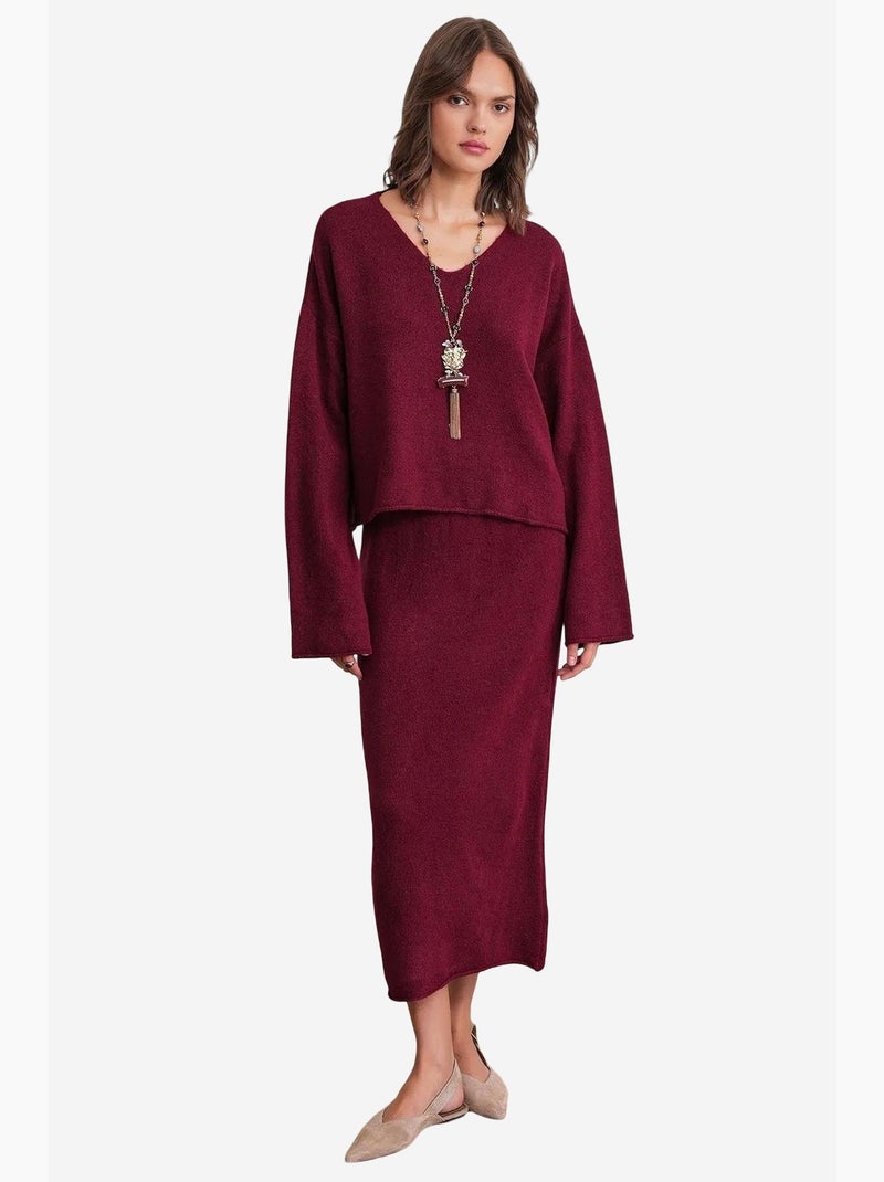 Conjunto coordenado em malha com camisola de decote em v e saia mixray Vermelho bordô - Kiabi
