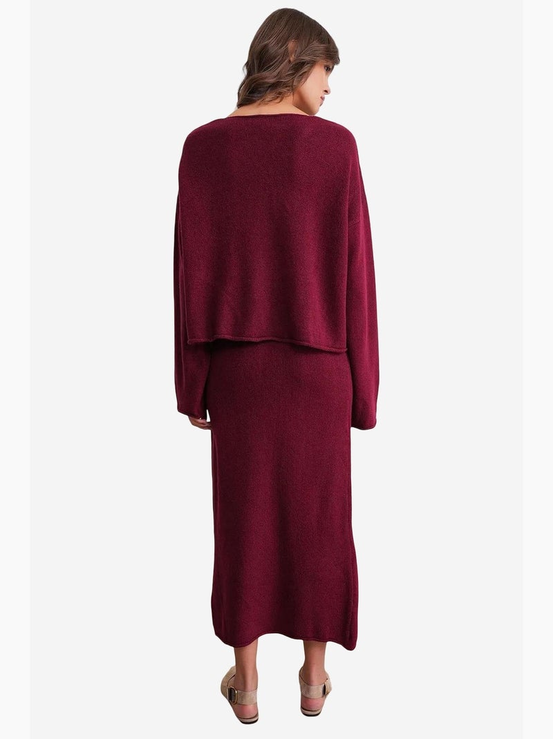 Conjunto coordenado em malha com camisola de decote em v e saia mixray Vermelho bordô - Kiabi