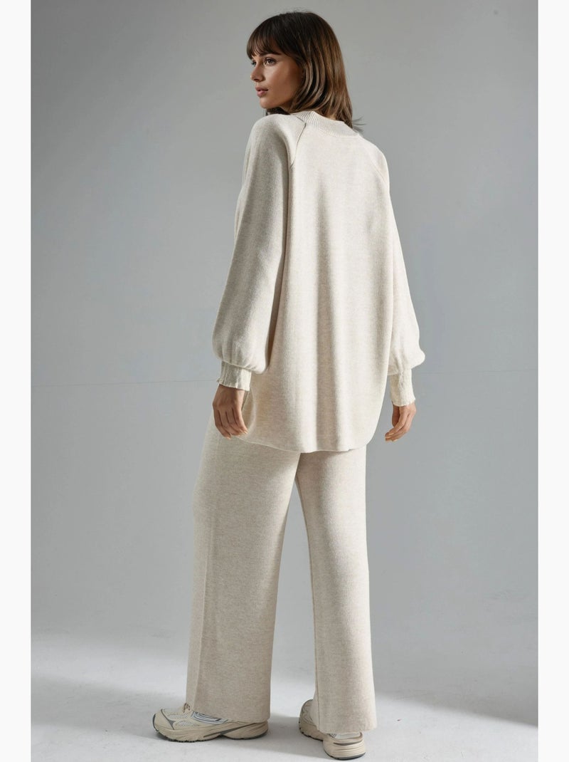 Conjunto coordenado em malha de camisola e calças de corte largo my fashion Areia - Kiabi
