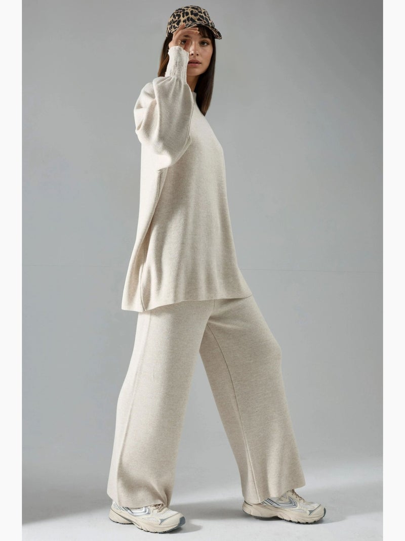 Conjunto coordenado em malha de camisola e calças de corte largo my fashion Areia - Kiabi