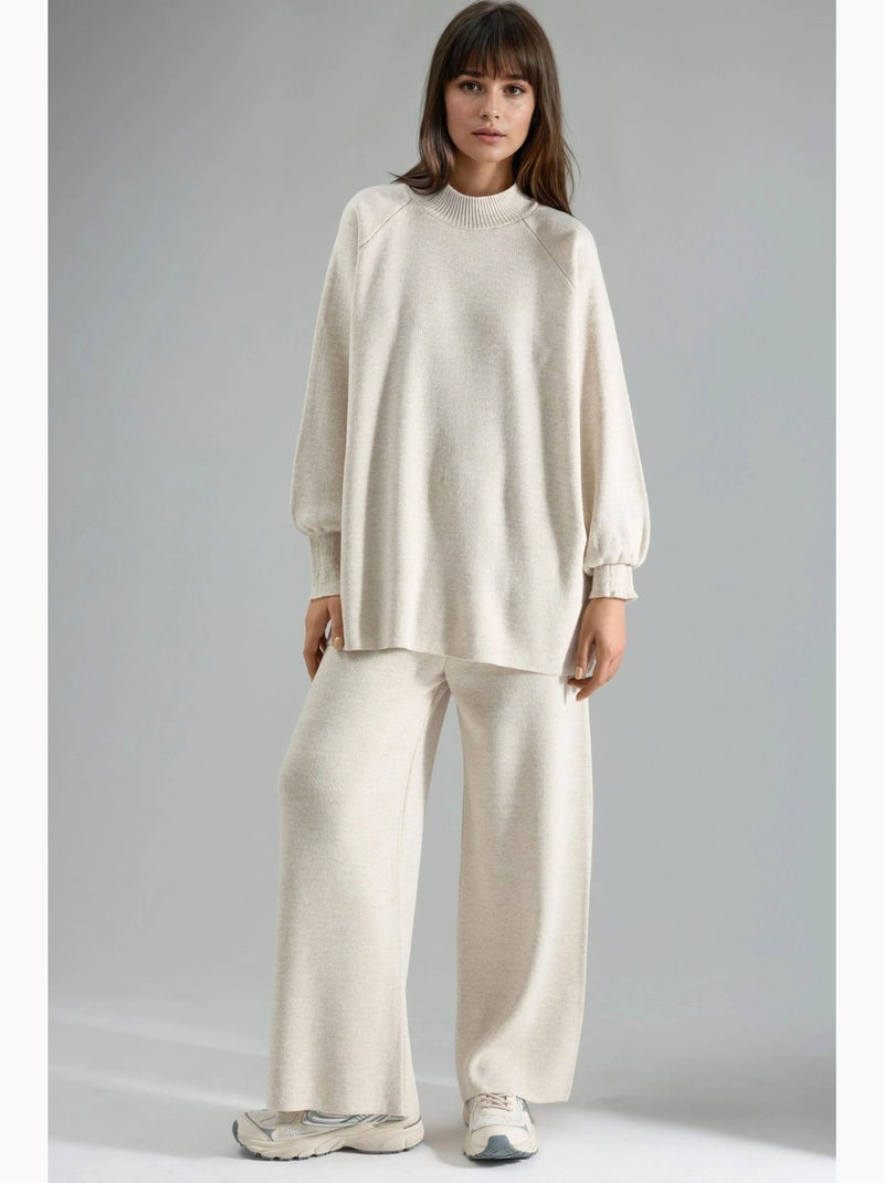 Conjunto coordenado em malha de camisola e calças de corte largo my fashion Areia - Kiabi