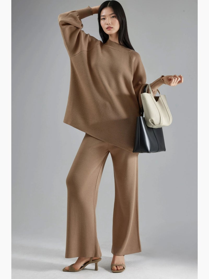 Conjunto coordenado em malha de camisola e calças de corte largo my fashion Camelo - Kiabi