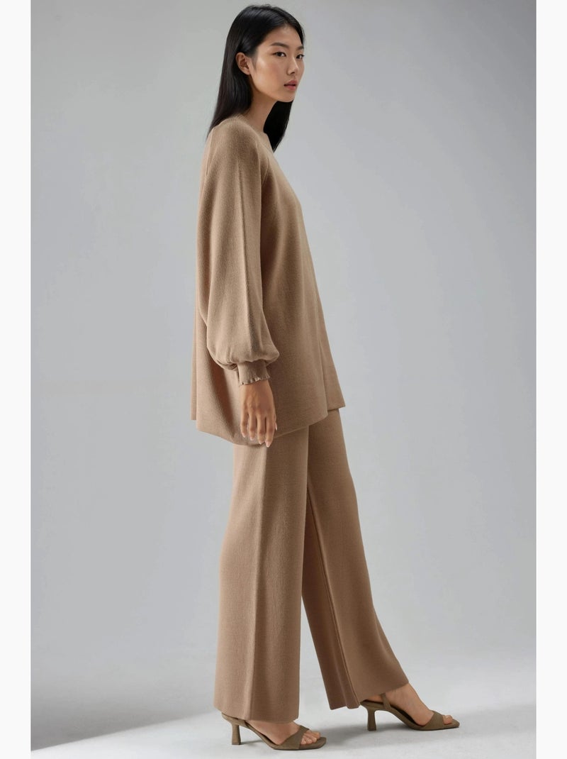 Conjunto coordenado em malha de camisola e calças de corte largo my fashion Camelo - Kiabi