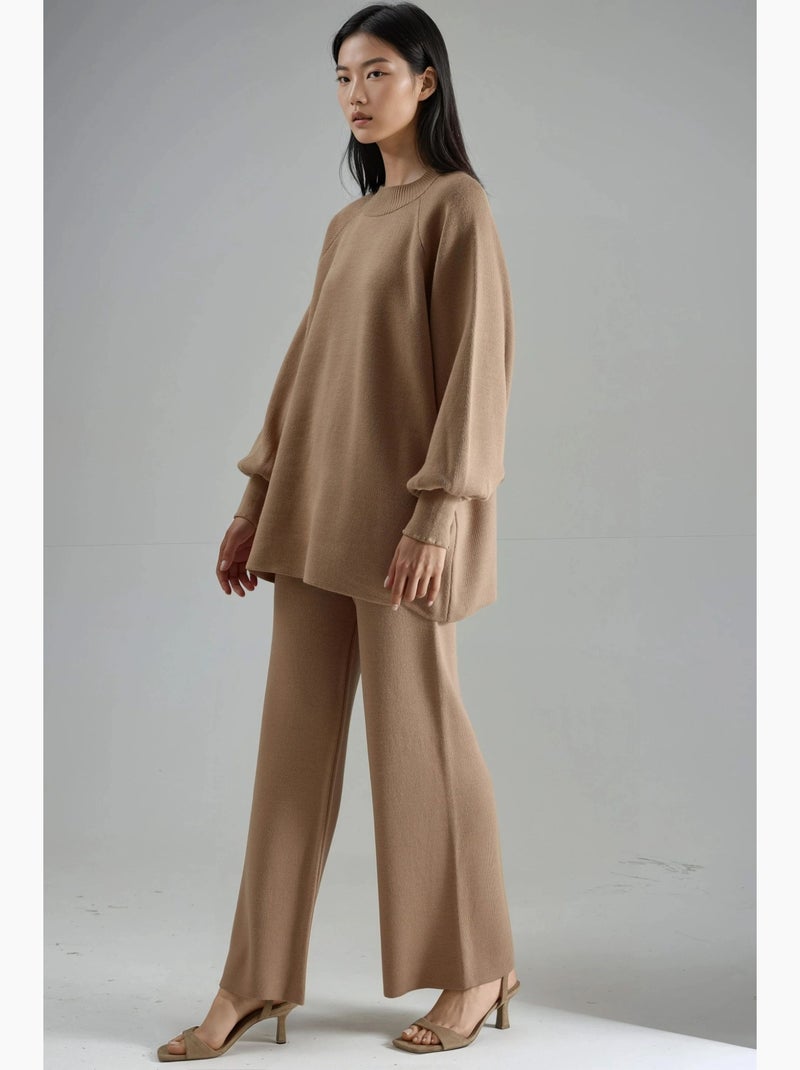 Conjunto coordenado em malha de camisola e calças de corte largo my fashion Camelo - Kiabi