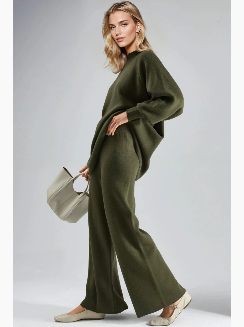 Conjunto coordenado em malha de camisola e calças de corte largo my fashion Cáqui - Kiabi
