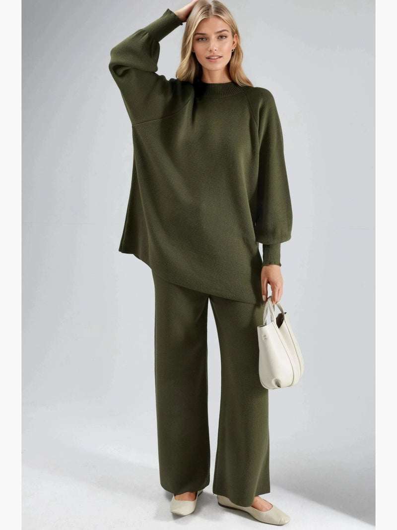 Conjunto coordenado em malha de camisola e calças de corte largo my fashion Cáqui - Kiabi