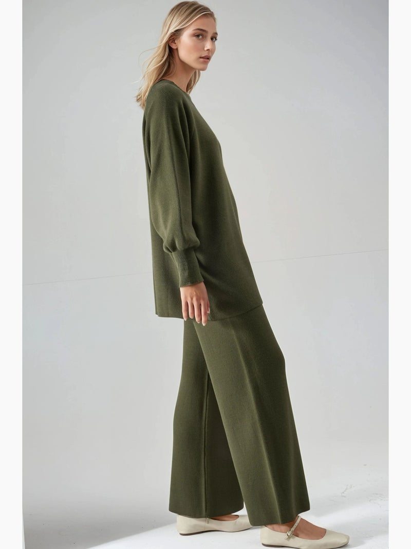 Conjunto coordenado em malha de camisola e calças de corte largo my fashion Cáqui - Kiabi