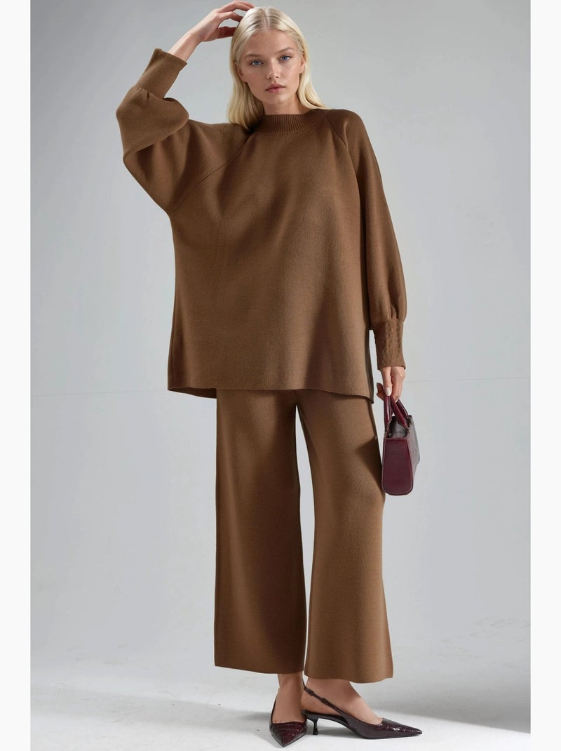 Conjunto coordenado em malha de camisola e calças de corte largo my fashion Castanho-chocolate - Kiabi