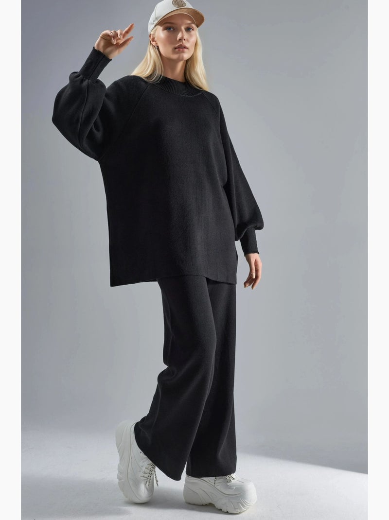 Conjunto coordenado em malha de camisola e calças de corte largo my fashion Preto - Kiabi