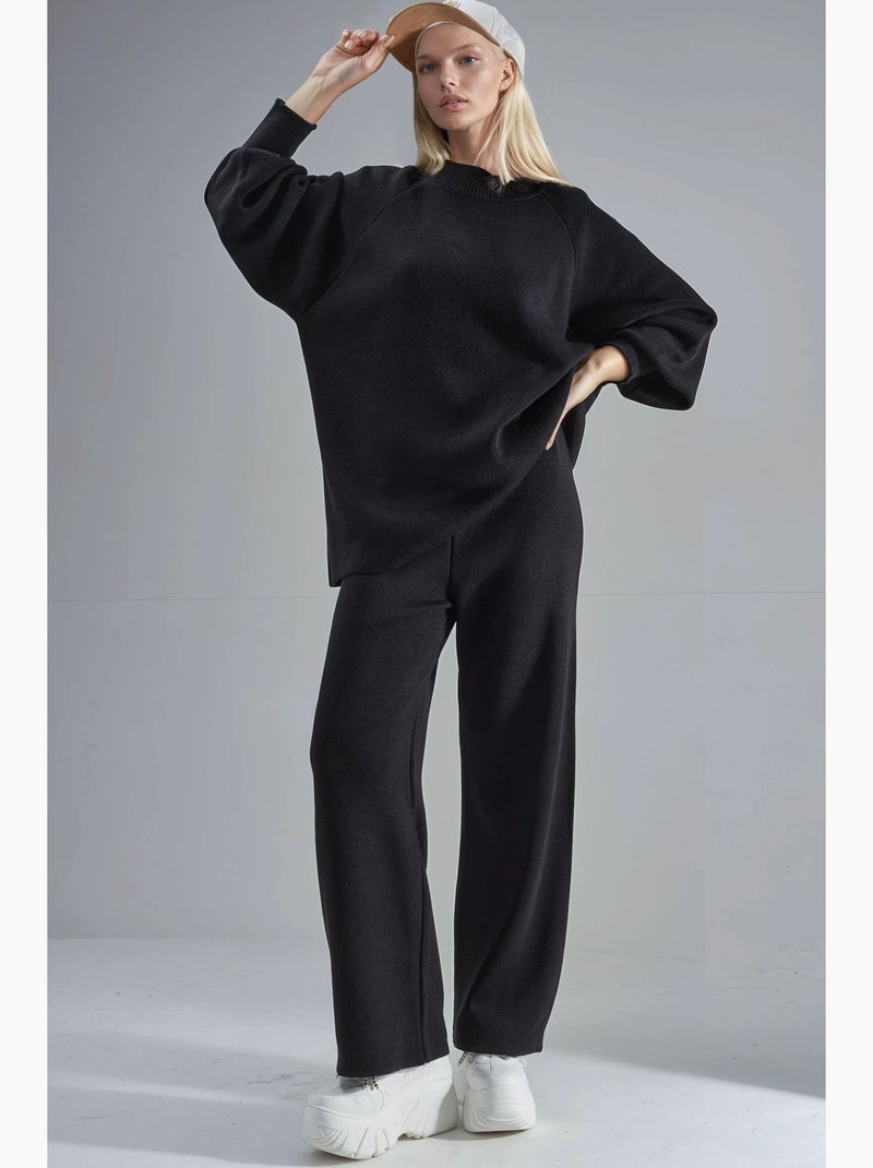 Conjunto coordenado em malha de camisola e calças de corte largo my fashion Preto - Kiabi