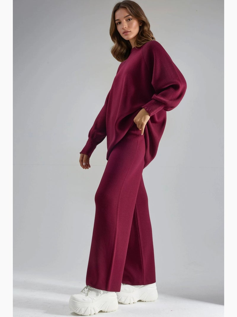Conjunto coordenado em malha de camisola e calças de corte largo my fashion Vermelho bordô - Kiabi