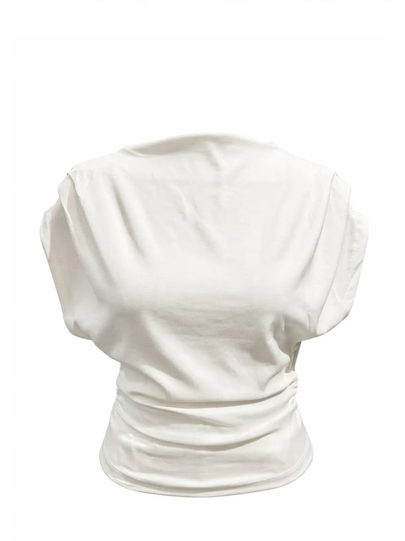 Conjunto coordenado em malha de cintura alta com perna larga e decote barco mixray Branco - Kiabi