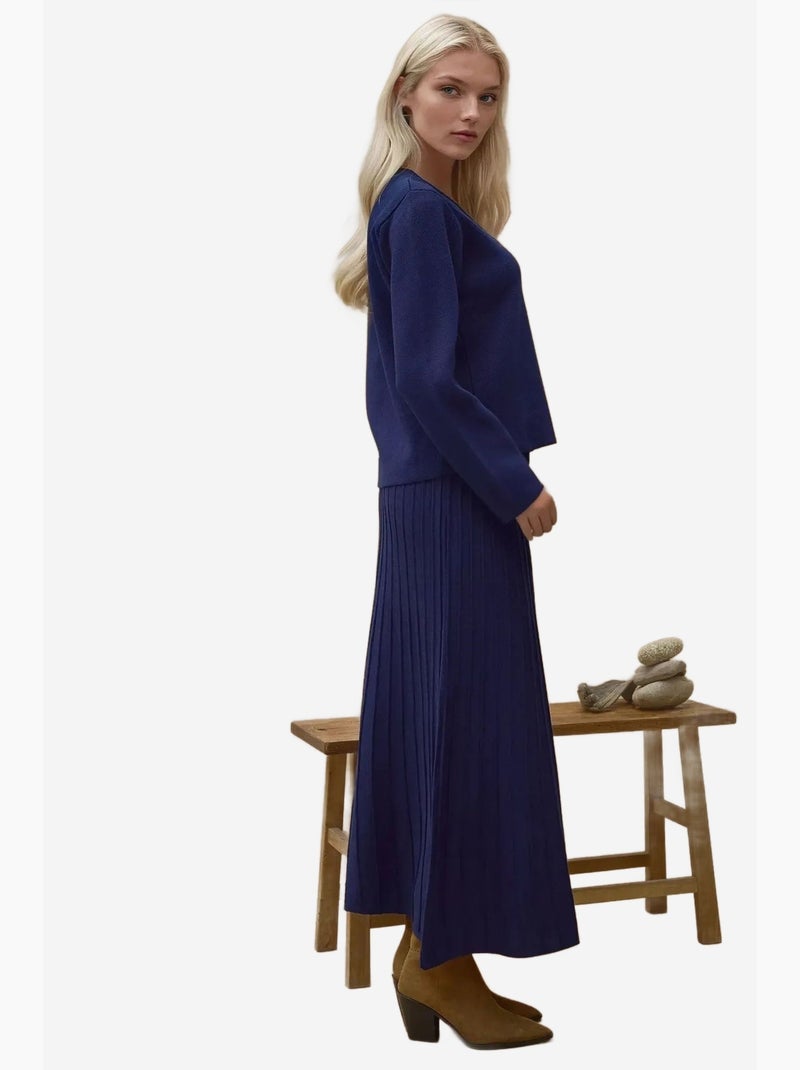 Conjunto coordenado em malha texturada com casaco de gola redonda e saia rodada hiccup Azul-marinho - Kiabi