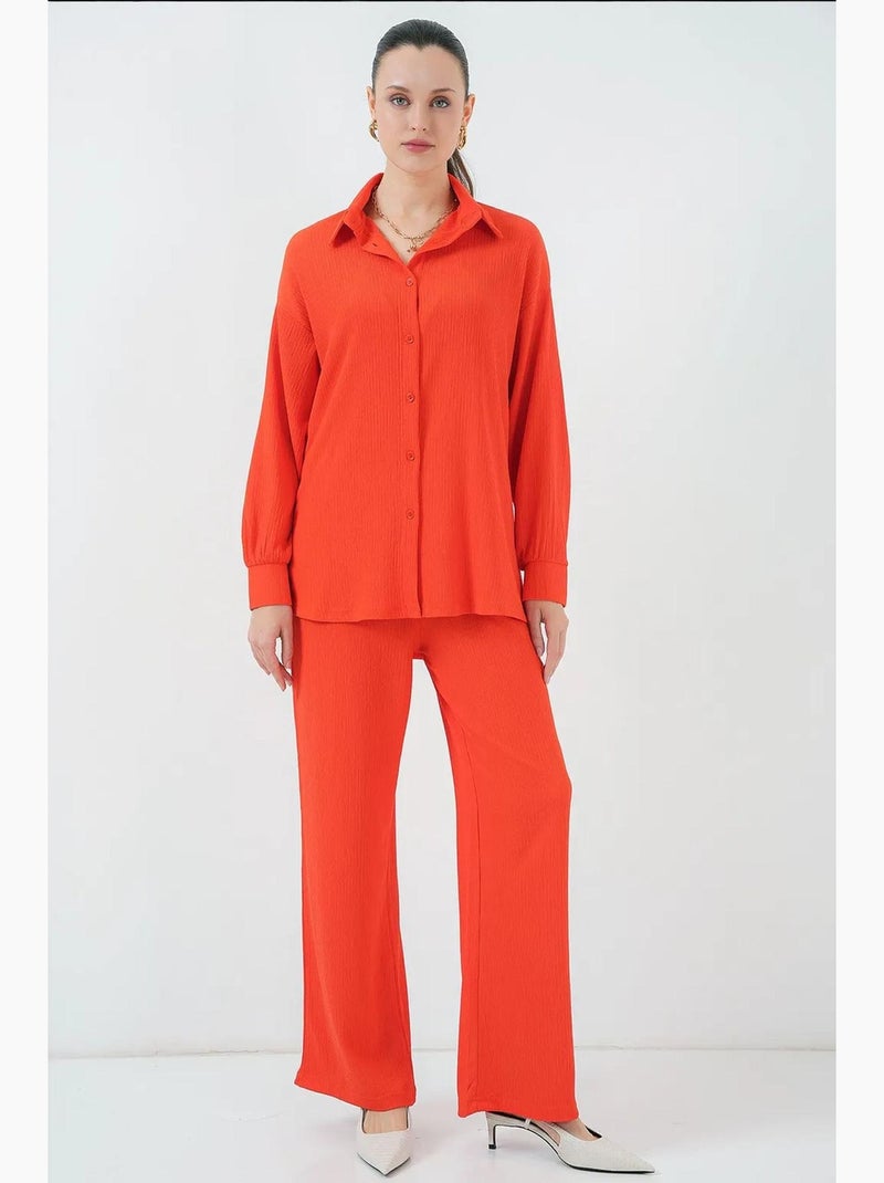Conjunto coordenado em malha texturizada com camisa de malha de manga comprida e calças bdart Laranja-mandarina - Kiabi